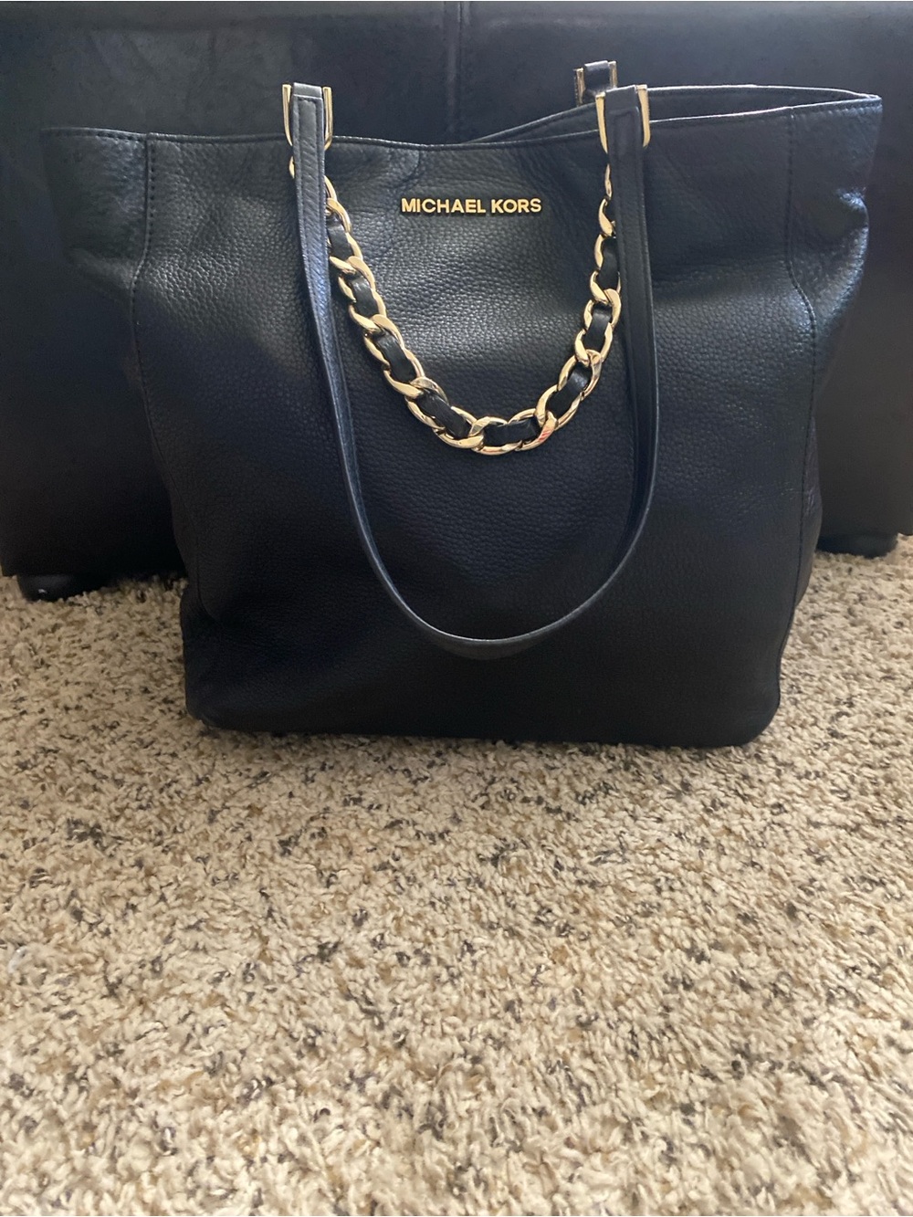 Michael Kors Black Pebbled Leather Tote with Gold Chain Detail